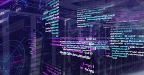 Floating holographic code blocks drifting through low light data corridor, with 스톡 사진