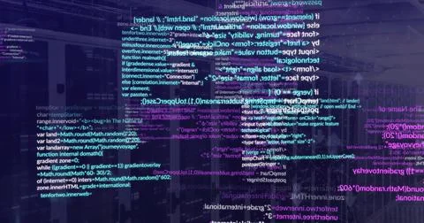 Floating holographic code overlay hovering over modern data center racks, with Stock-Fotos