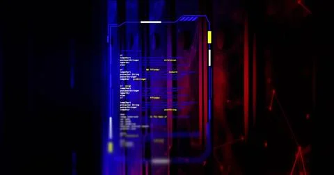 Floating holographic code panel with blue neon frame in virtual HUD, showing Foto stock