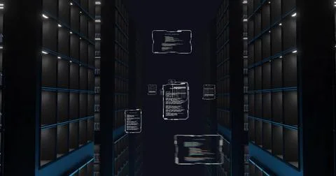 Floating holographic code panels drifting through dark server rack aisle, 写真素材