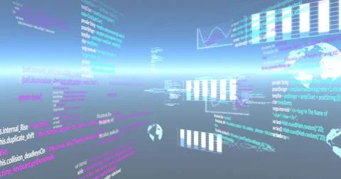 Floating holographic code panels receding toward horizon in VR room, showing Stock Photos