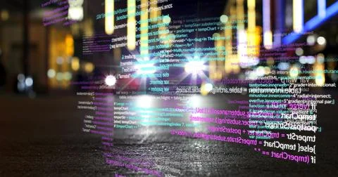 Floating holographic code plane stretching along wet urban street at night, Stockfoto's