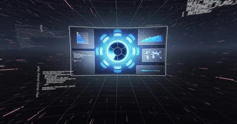 Floating holographic control panel rotating in dark 3D grid, showing blue hub Stock Illustration