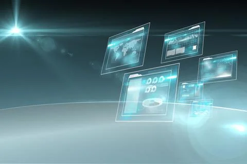 Floating holographic data panels are displaying world map and chart visuals in Stock Illustration