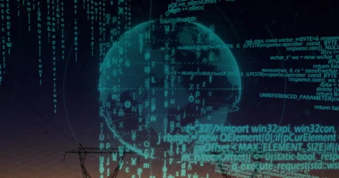 Floating holographic digital globe streaming code text at dusk, showing Stock Footage 307430005