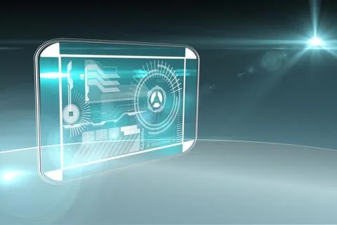 Floating holographic display on reflective surface showing cyan-white gauge, Stock Illustration