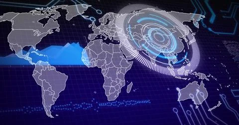 Floating holographic global map projecting over grid background, with HUD 스톡 일러스트