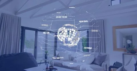 Floating holographic globe displaying data above sectional sofa in home lounge, Stock Photos
