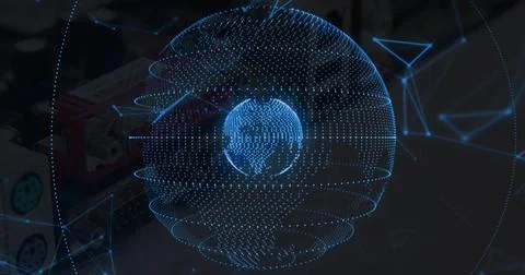 Floating holographic globe displaying digital network nodes in tech lab, with Stock Illustration