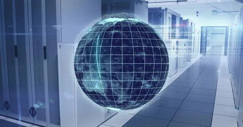 Floating holographic globe hovering above raised floor in data center aisle, 스톡 일러스트