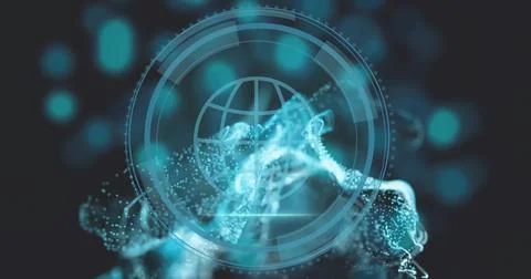 Floating holographic globe HUD projecting concentric rings in virtual space with Stock Photos