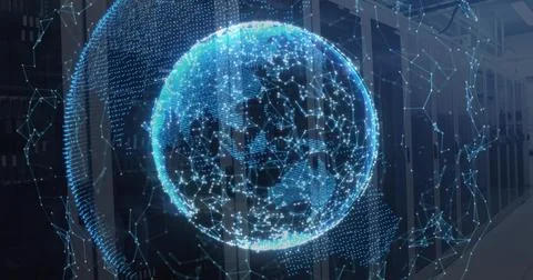 Floating holographic globe projecting blue node mesh in data center aisle, wi Stock Illustration