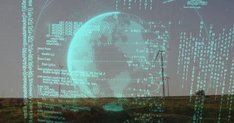 Floating holographic globe projecting grid overlays and code streams over grassy Illustrazione stock