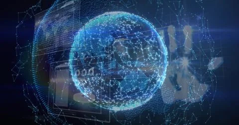 Floating holographic globe rotating in virtual data space, with network mesh and 스톡 일러스트