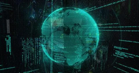 Floating holographic globe rotating in virtual data interface, with code streams 스톡 일러스트