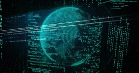 Floating holographic globe rotating in virtual 3D data space, showing orbital 스톡 일러스트