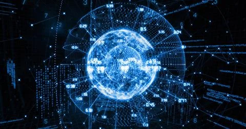 Floating holographic globe rotating within dark grid, orbiting numeric data 스톡 사진
