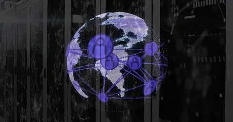 Floating holographic globe showing user icons and network lines in server roo Illustrazione stock