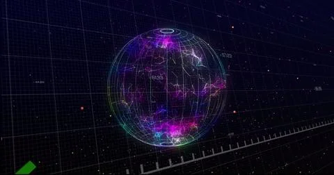Floating holographic globe wireframe glowing in data space, with grid axes and Foto stock