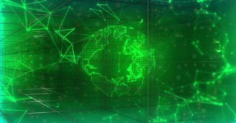 Floating holographic green globe hovering over virtual 3D grid corridor, with Stock Photos