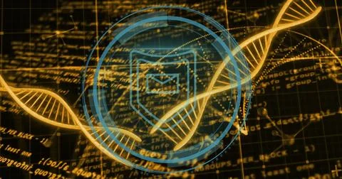 Floating holographic interface in cyber grid, with golden DNA helices and shield 库存照片