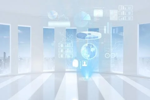 Floating holographic interface is glowing in 3D render futuristic demo hall with Stock Illustration