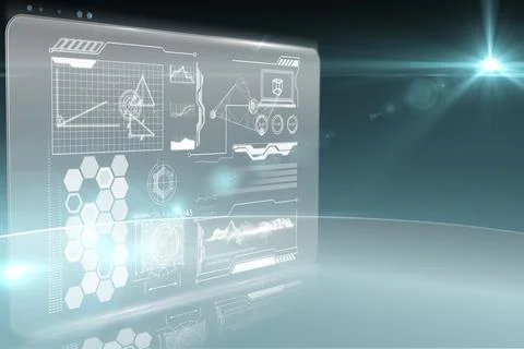 Floating holographic interface panel in space, showing line graphs, hex-grid, Stock Photos