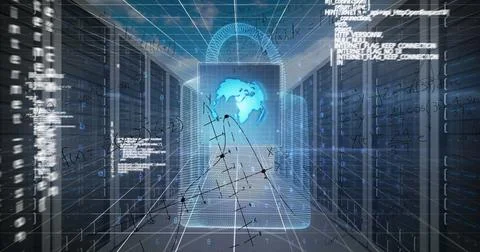 Floating holographic lock lighting server corridor, with glowing blue globe and 写真素材