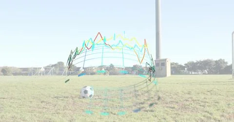 Floating holographic multicolored analytics graph circling soccer ball on gra Stock Photos