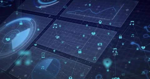 Floating holographic network graph over grid in interface, with icons, glowing Stock Illustration