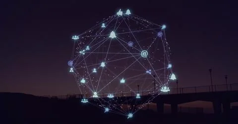 Floating holographic network sphere over sea pier with lampposts at dusk showing Stock Illustration