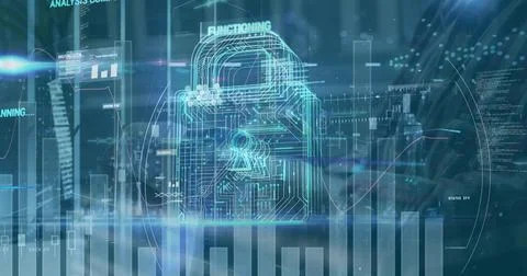 Floating holographic padlock icon hovering over office desk, with laptop Stock Photos