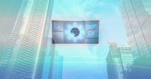 Floating holographic panel hovering over skyscraper canyon, projecting circular Stock Illustration