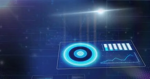 Floating holographic panel in interface, with gauge, bar chart, line graph and Stock Illustration