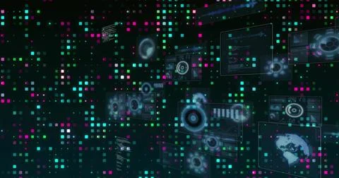 Floating holographic panels hovering in digital space, with circular HUD gauges Stock Illustration