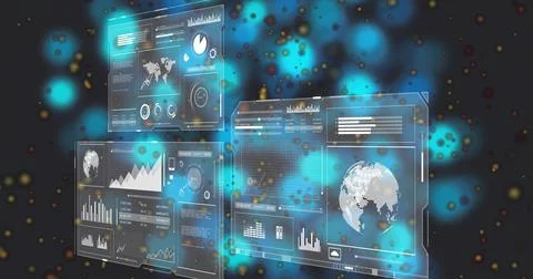 Floating holographic panels stacking in virtual workspace, showing pixelated Stock Photos