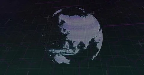 Floating holographic point-cloud globe above dark grid with hexagonal overlay Illustrazione stock