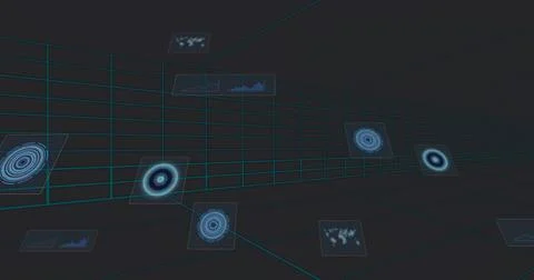 Floating holographic target cluster linking clear data panels above teal grid Illustrazione stock