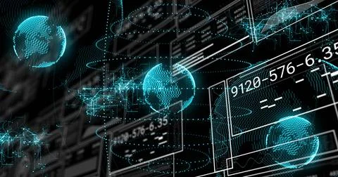 Floating holographic teal globe rotating in virtual control hub, showing Stock Illustration