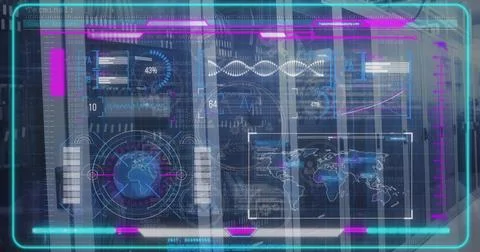 Floating holographic UI hovering in control bay, showing world map, DNA Stock Photos