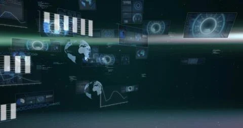 Floating holographic UI panels hovering above planetary horizon, displaying Stock Illustration