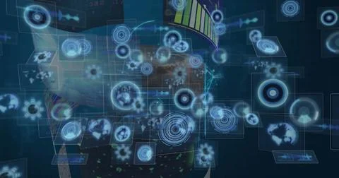Floating holographic UI widgets forming display in dark space, with circular Stockfoto's