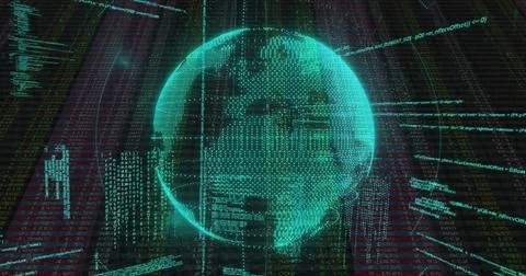 Floating holographic wireframe globe rotating over digital interface with code Stock Illustration