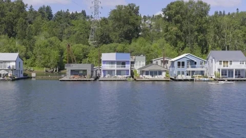 Floating Homes Along The Willamette River Stock Footage 265595281