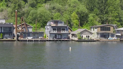 Floating Homes Along The Willamette River Stock Footage 265596388