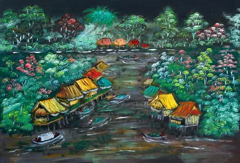 Floating homes on the river Stock Illustration