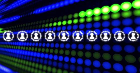 Floating horizontal row of white avatar icons glowing across digital interface, Illustrazione stock