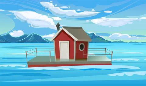 Floating house. Dwelling with small courtyard on water. illustration vector. Stock Illustration