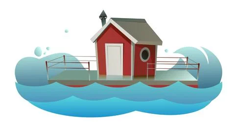 Floating house. On waves. Dwelling with small courtyard on water. Isolated on Stock Illustration