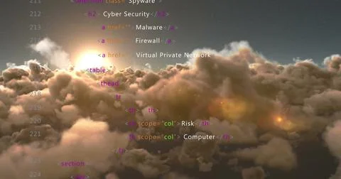 Floating HTML code drifting through golden clouds, with spyware, malware, Stock Photos